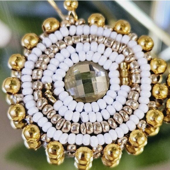 2/$27 | White + Gold Beaded Bohemian Indigenous Native Hoop Earrings | Handmade - Picture 8 of 10